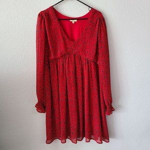 Kori US Women's Size L Red Animal Print Babydoll Mini Dress Sheer Long Sleeve